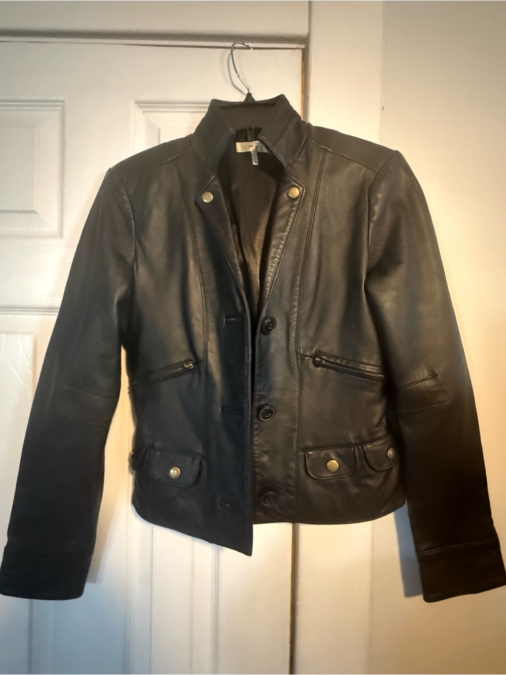 vintage Black Leather Button-Front Jacket